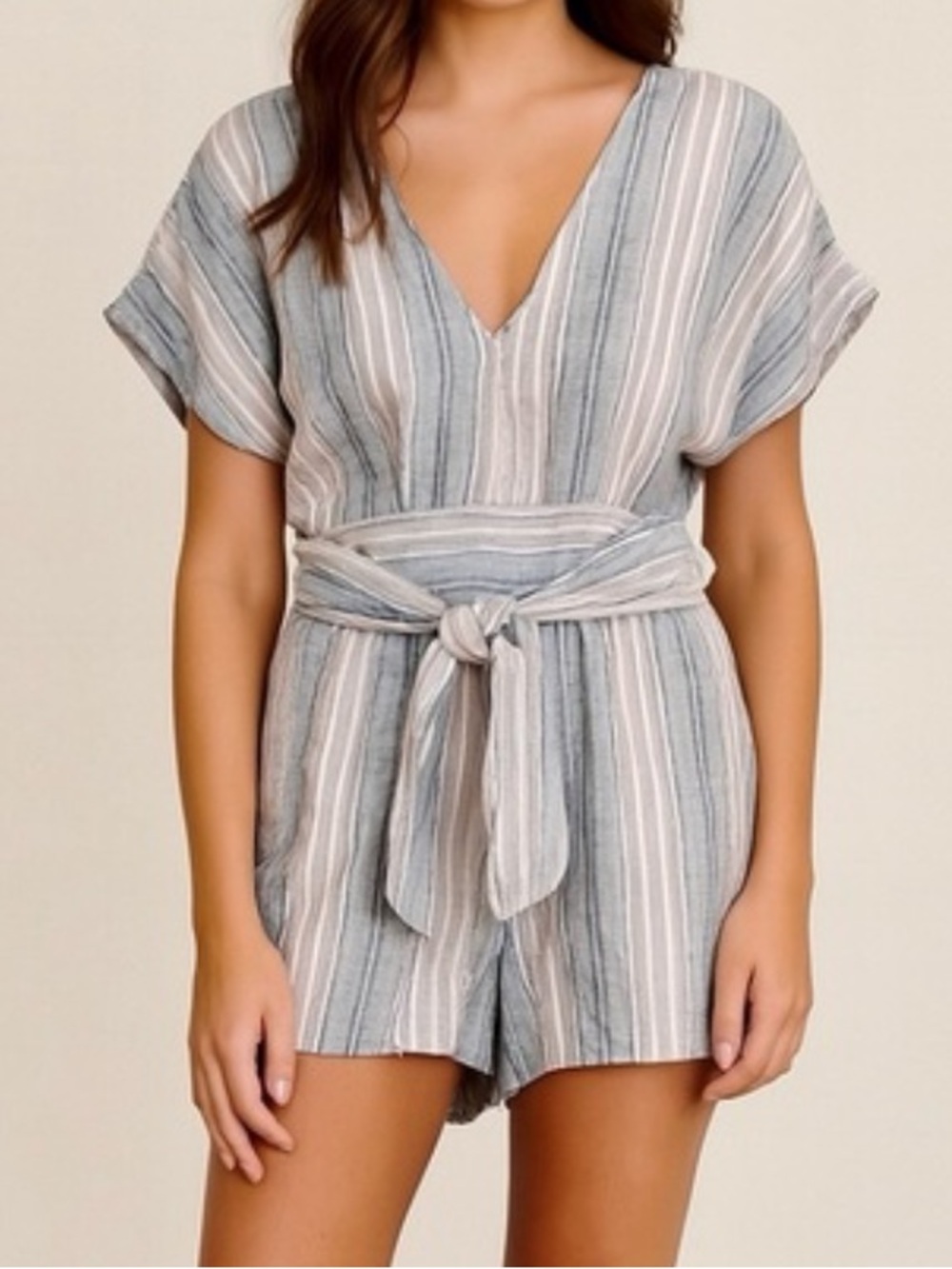 AE Striped V-Neck Romper Linen Cotton Blend Pockets Size Large